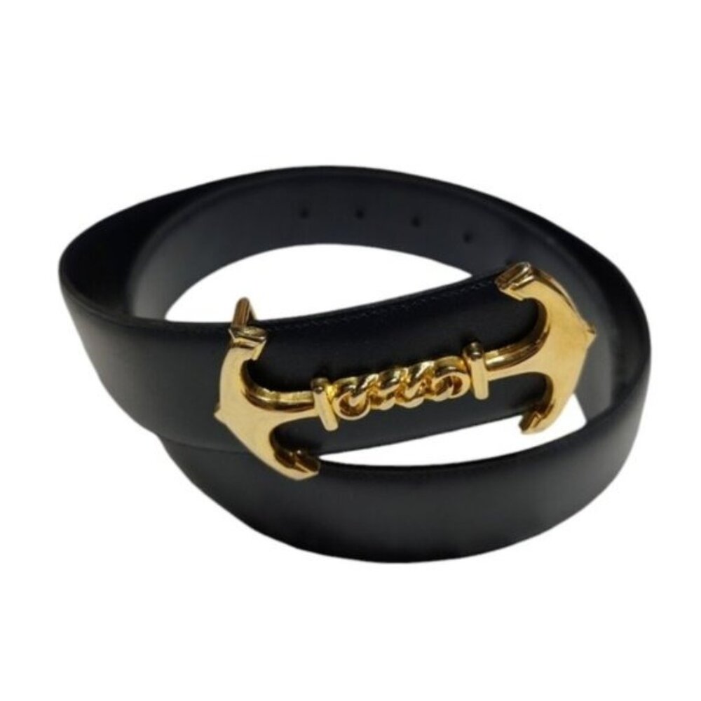 St. Michael Dark Blue Leather Belt Brass Anchor Buckle